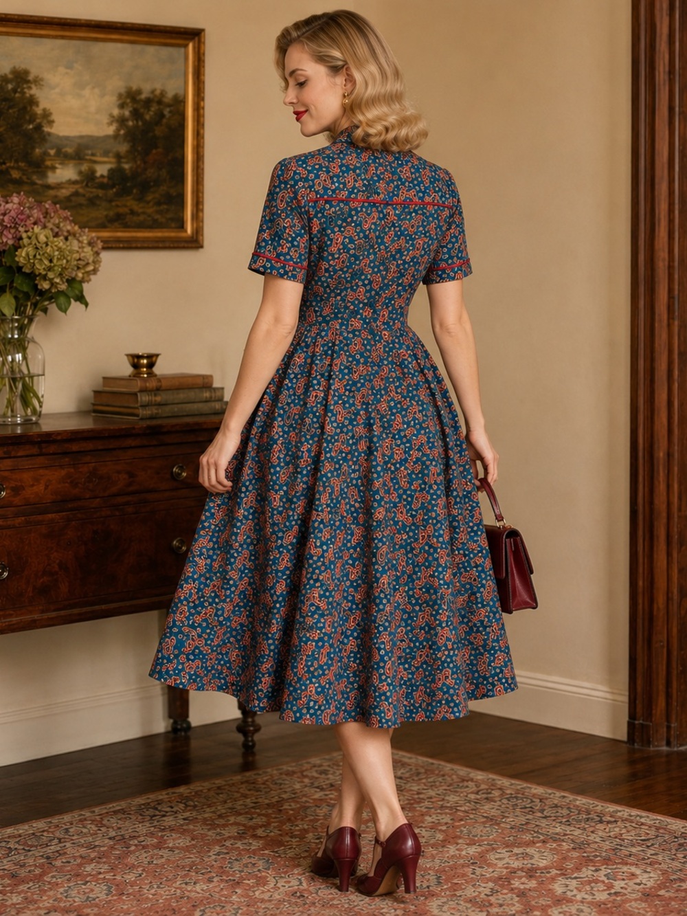 UNIQUE VINTAGE Teal Paisley Retro Fit & Flare Midi Dress, Size Large - Picture 2 of 7